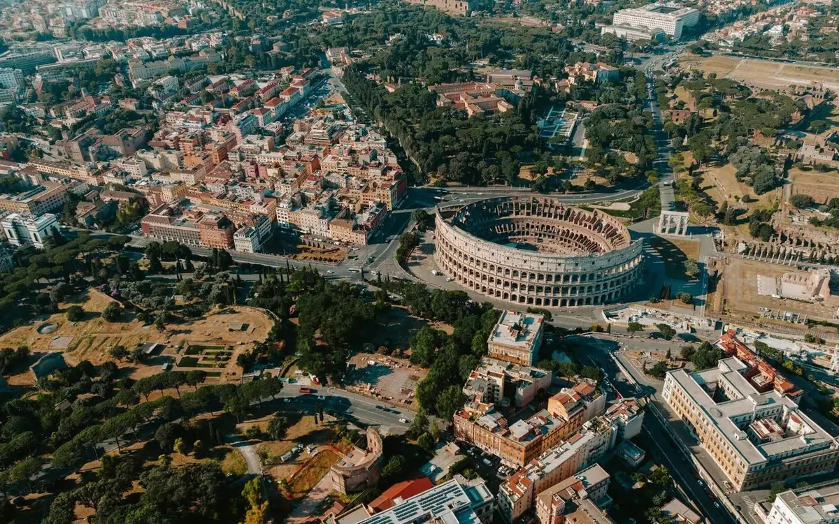 The Colosseum from above, showing the tiers and the exposed underground